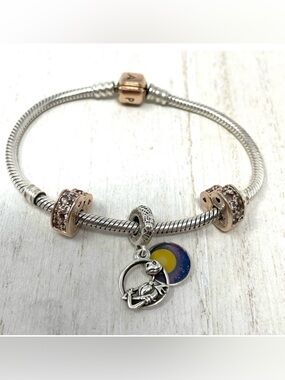 PANDORA Disney and more 3 charm sterling & rose gold sterling silver bracelet